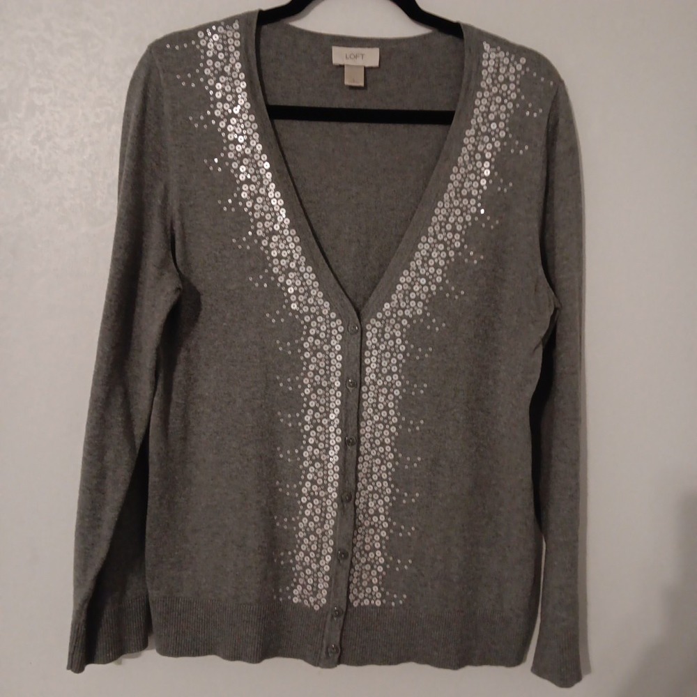 Loft Lightweight Button-up Cardigan Women's‎ Sz.L Gray Long Sleeved Sequins